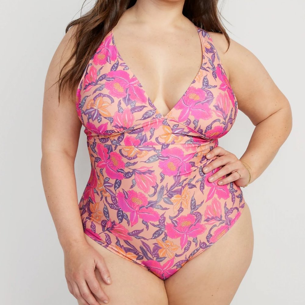 Old Navy Pink Purple Orange Floral V-Neck One-Piece Swimsuit Plus Size 4X